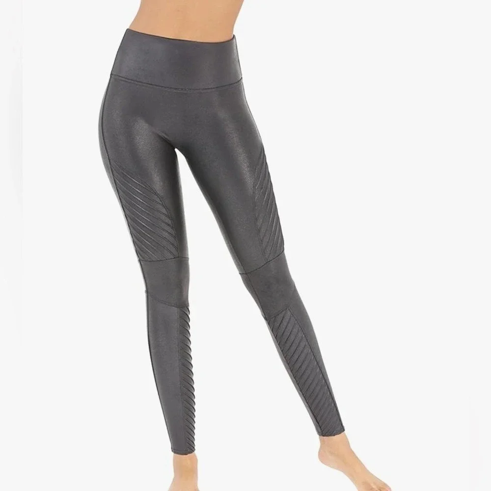 SPANX Leggings Moto Black Faux‎ Leather Look XS Petite New with Tags